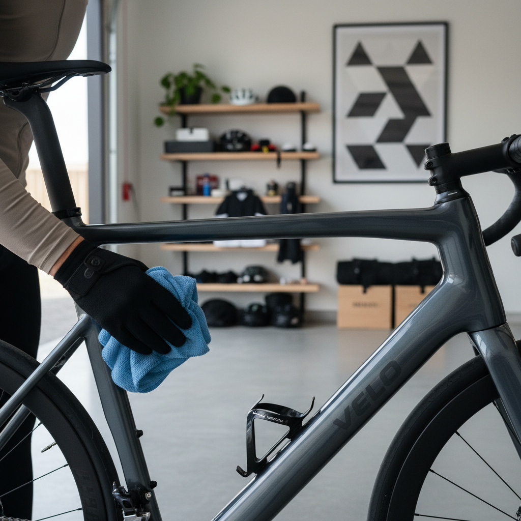 Cyclist polishing a road bike frame for high gloss shine