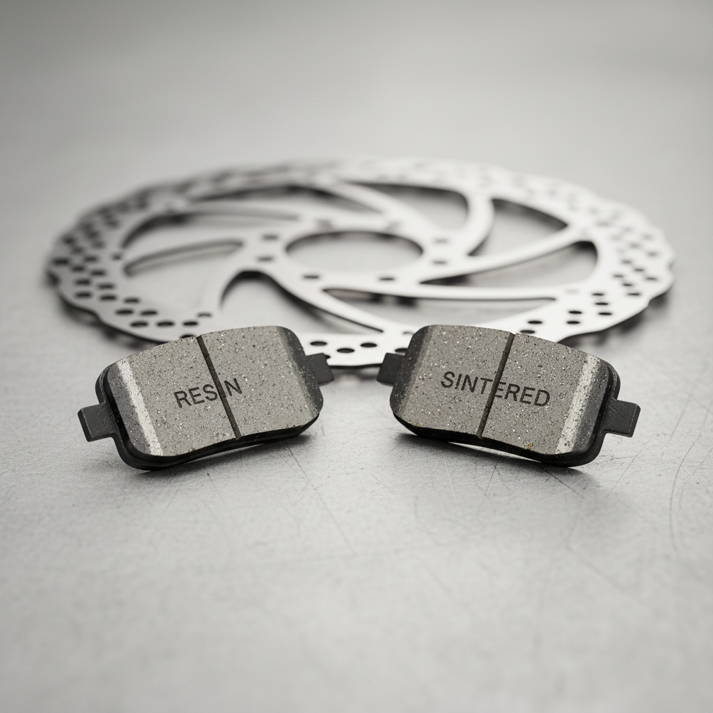 Comparison of resin and sintered disc brake pads on a workbench