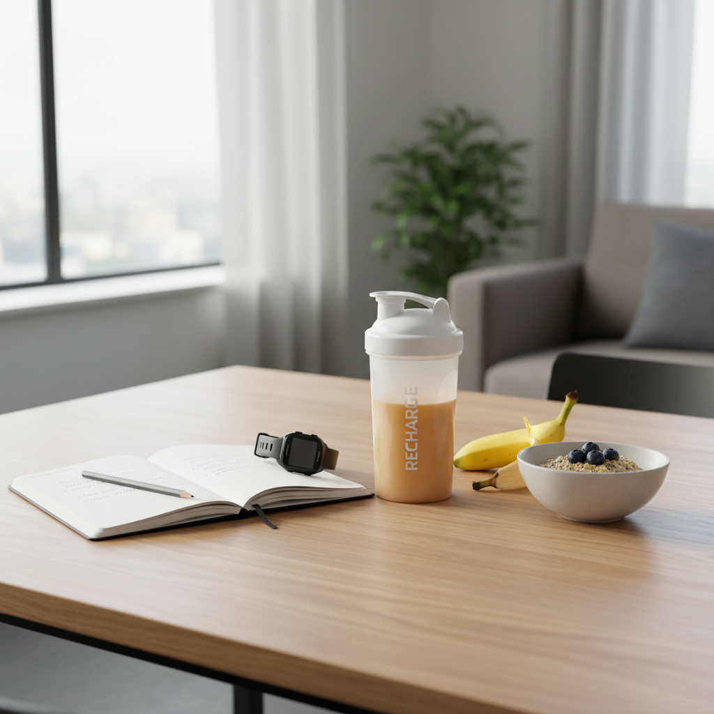 Cyclist recovery routine with shaker bottle, banana, and training notes