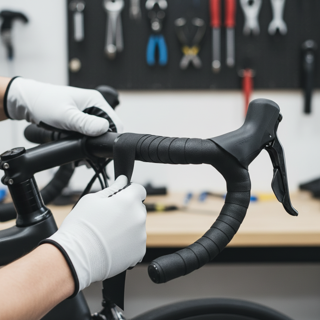 Close-up of wrapping handlebar tape with consistent overlap on a road bike drop bar