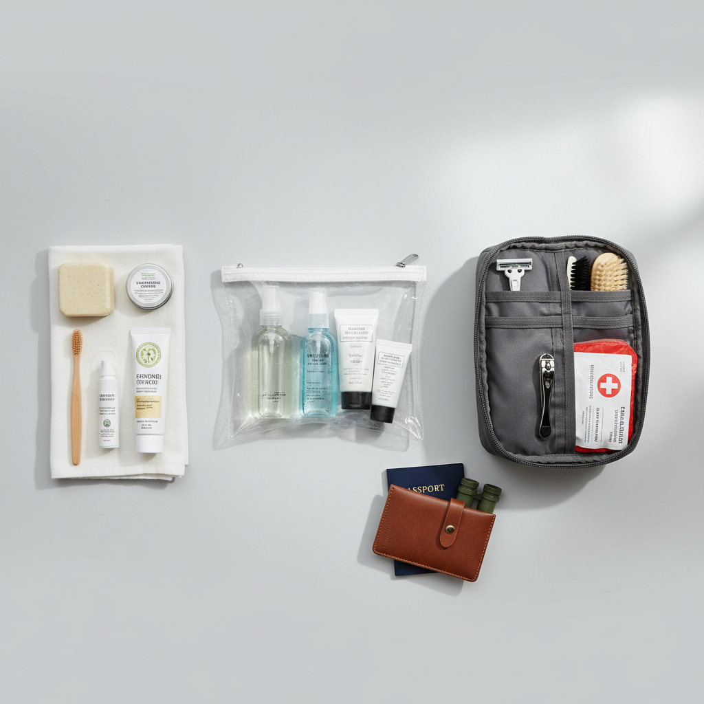 Organized travel toiletries laid out by category with a clear liquids pouch for TSA