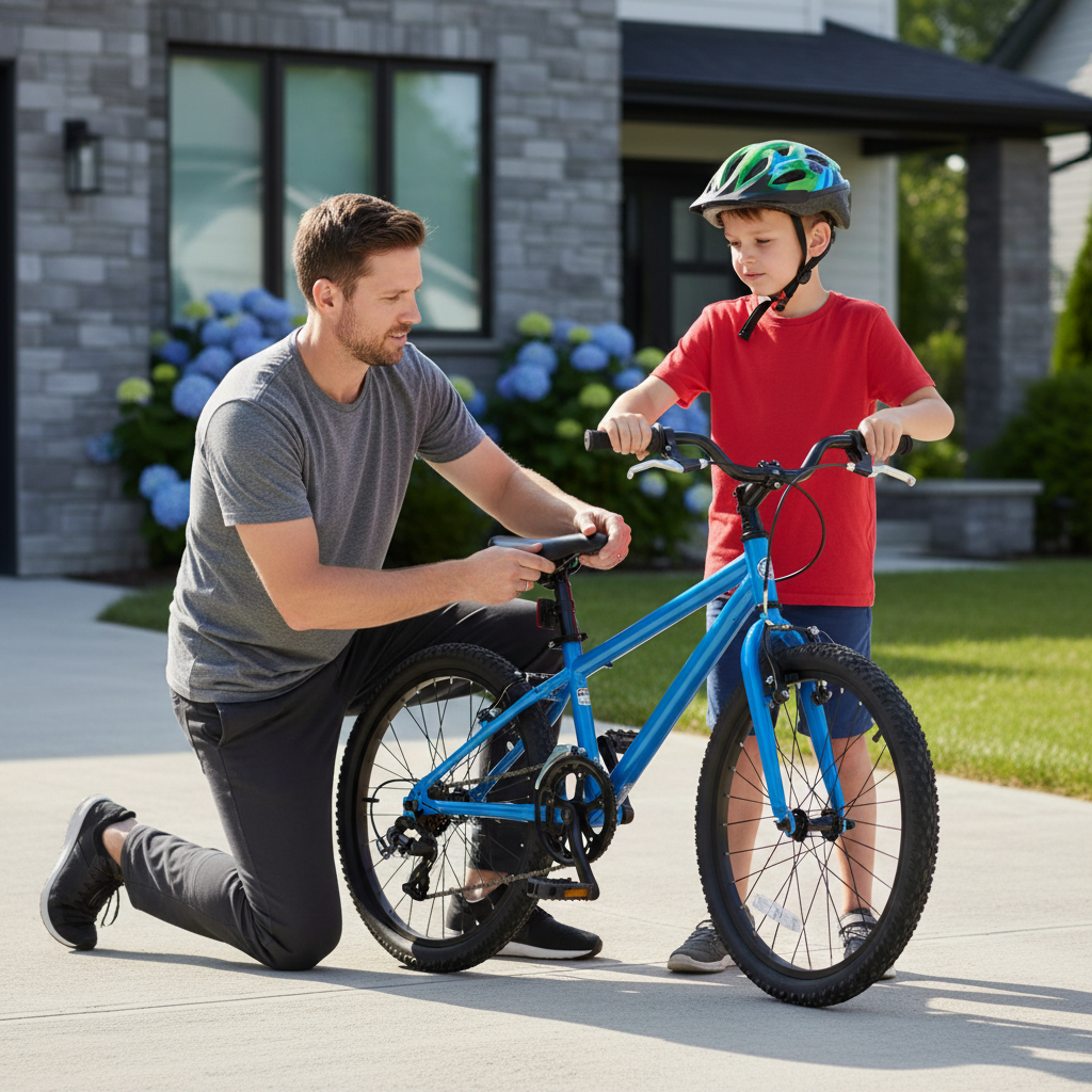 Kid-sized bike fit check with seat height and helmet adjustment