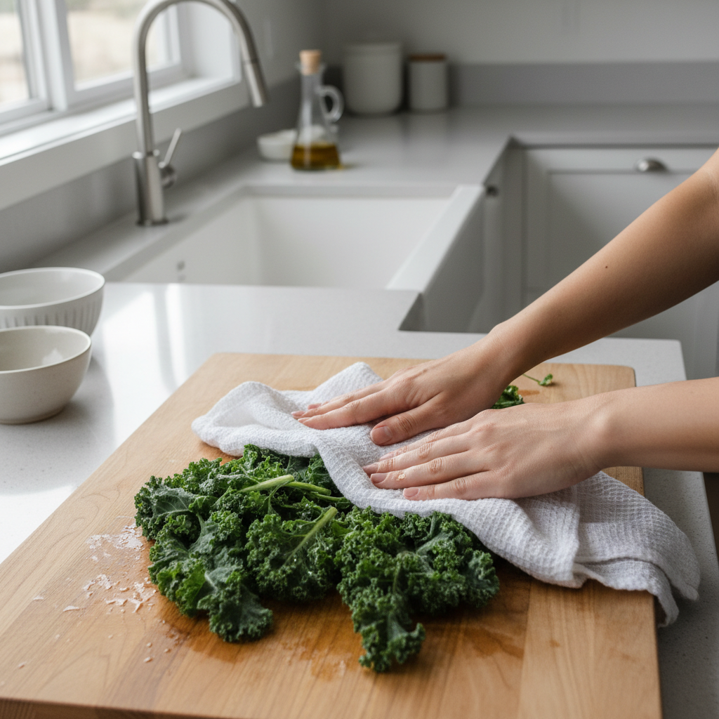 Hands drying washed kale with a clean kitchen towel