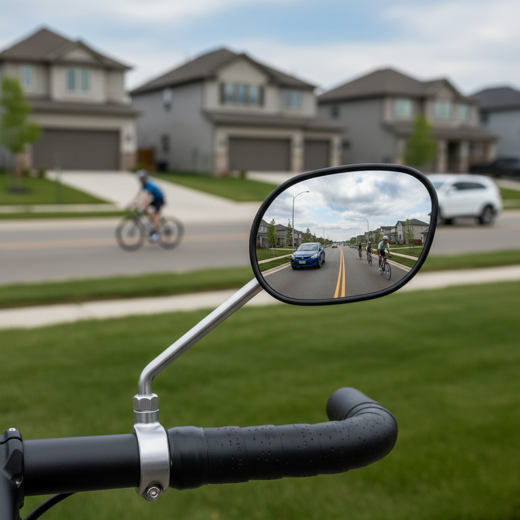 Close-up of convex bike mirror on handlebars with visible road reflection