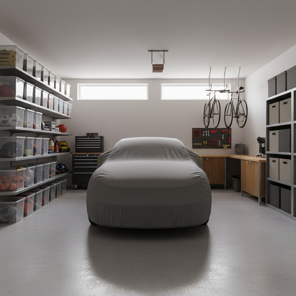 Car covered in a clean garage set up for long-term storage