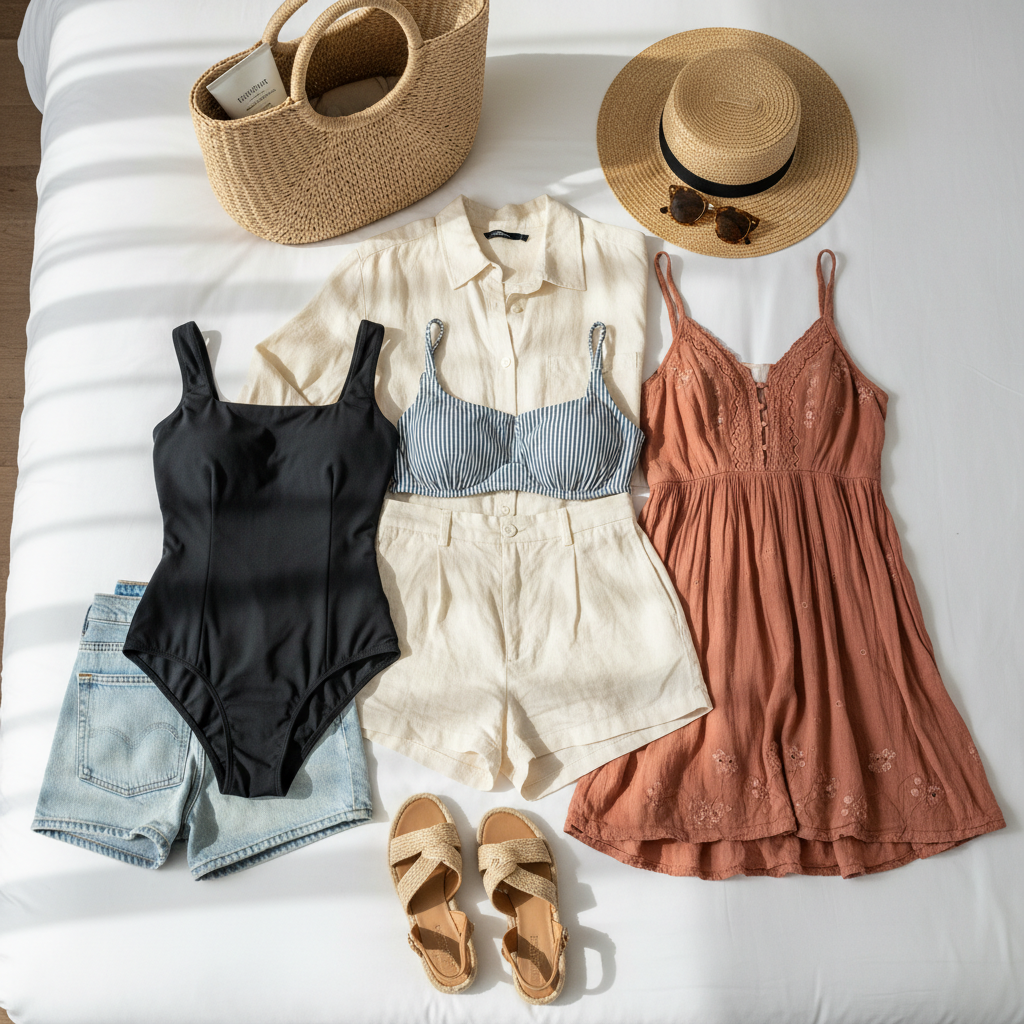 Capsule beach vacation outfits laid out on a bed with swimwear, linen, sandals, and sun hat