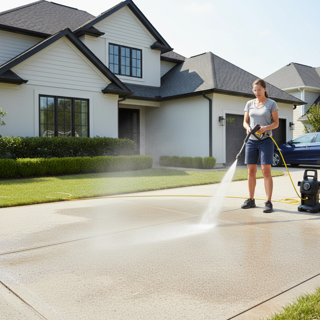 Homeowner using an electric pressure washer on a driveway in a suburban home