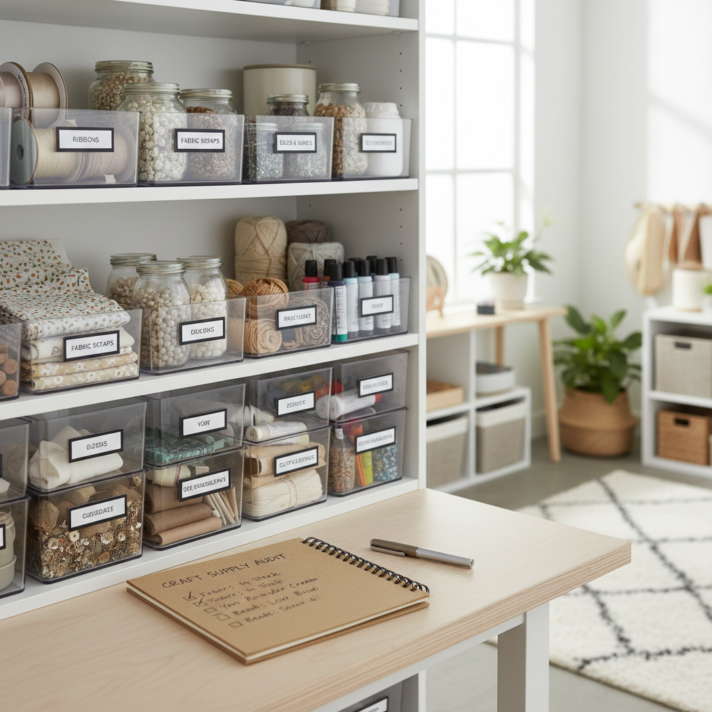 Organized craft supplies in labeled bins with a simple inventory checklist