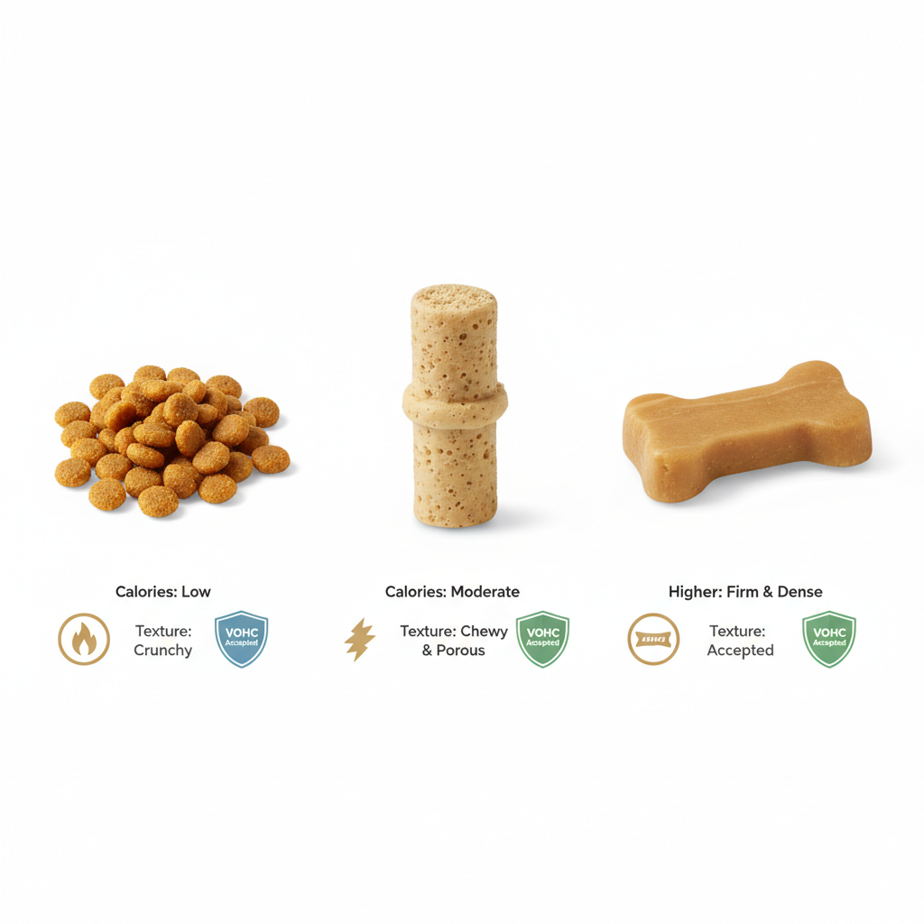 Comparison chart concept for choosing cat dental treats by size texture and calories