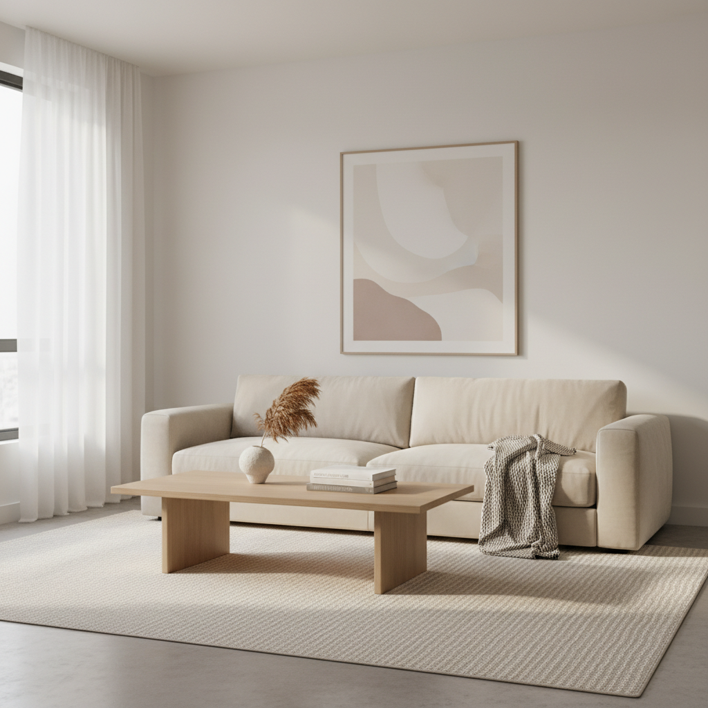 Beginner-friendly modern minimalist living room with neutral palette and clean lines