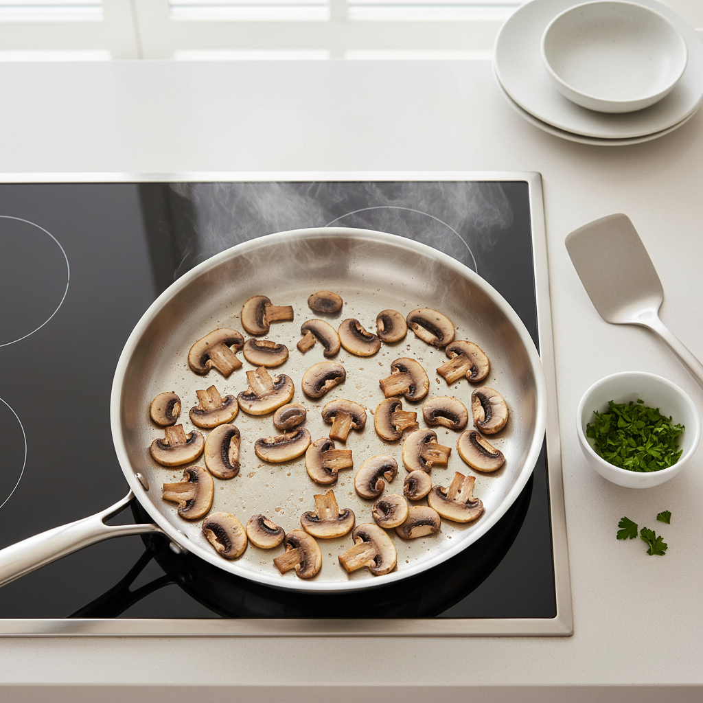 Mushrooms cooking in a single layer without crowding