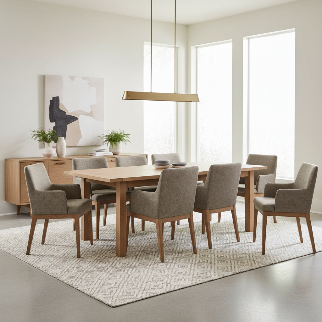 Dining table on a low-pile rug with chairs sliding easily in a high-traffic area