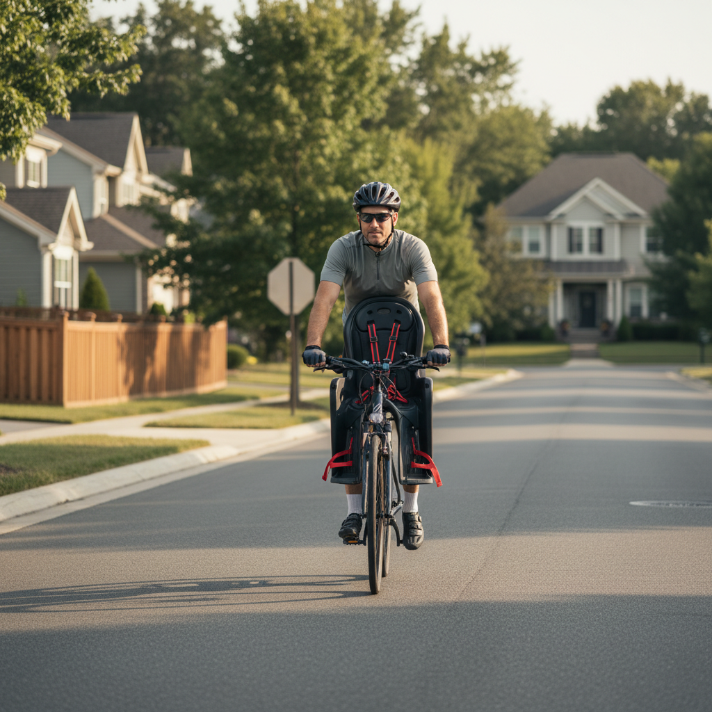 Parent doing a slow test ride with an empty child bike seat in a quiet neighborhood street