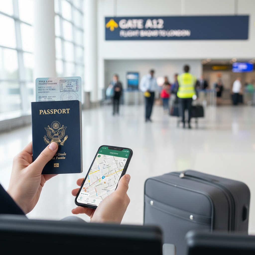 Traveler checking passport, phone maps, and travel documents before an international flight