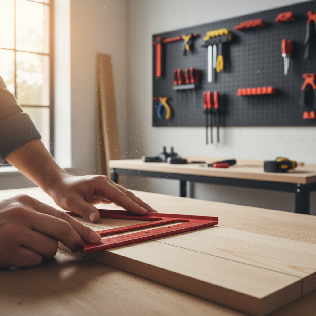 Marking a straight cut line across a board with a speed square and pencil