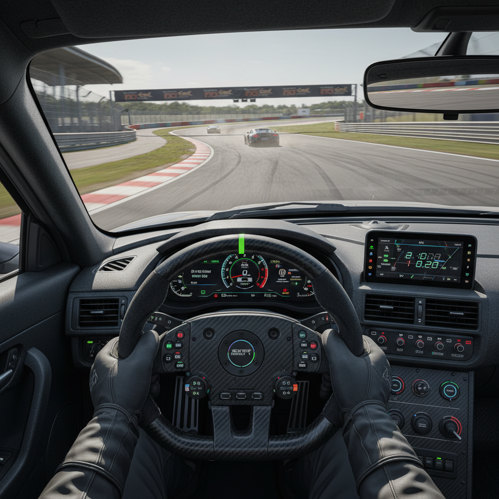 In-headset cockpit view of a VR racing car approaching a corner with clear depth and motion