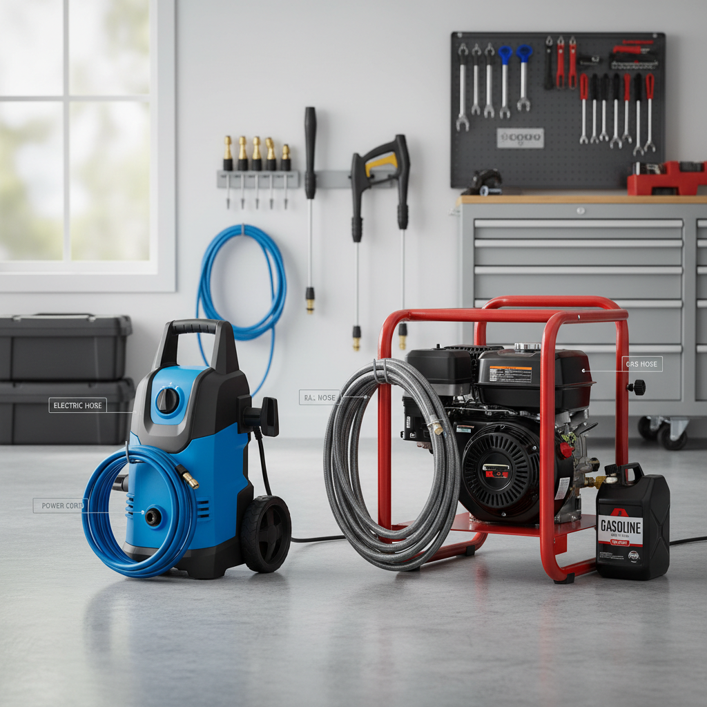 Side-by-side comparison of electric and gas pressure washers in a garage