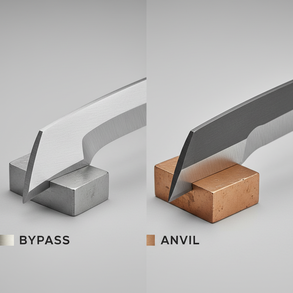 Close-up of bypass vs anvil lopper blades showing cutting mechanics