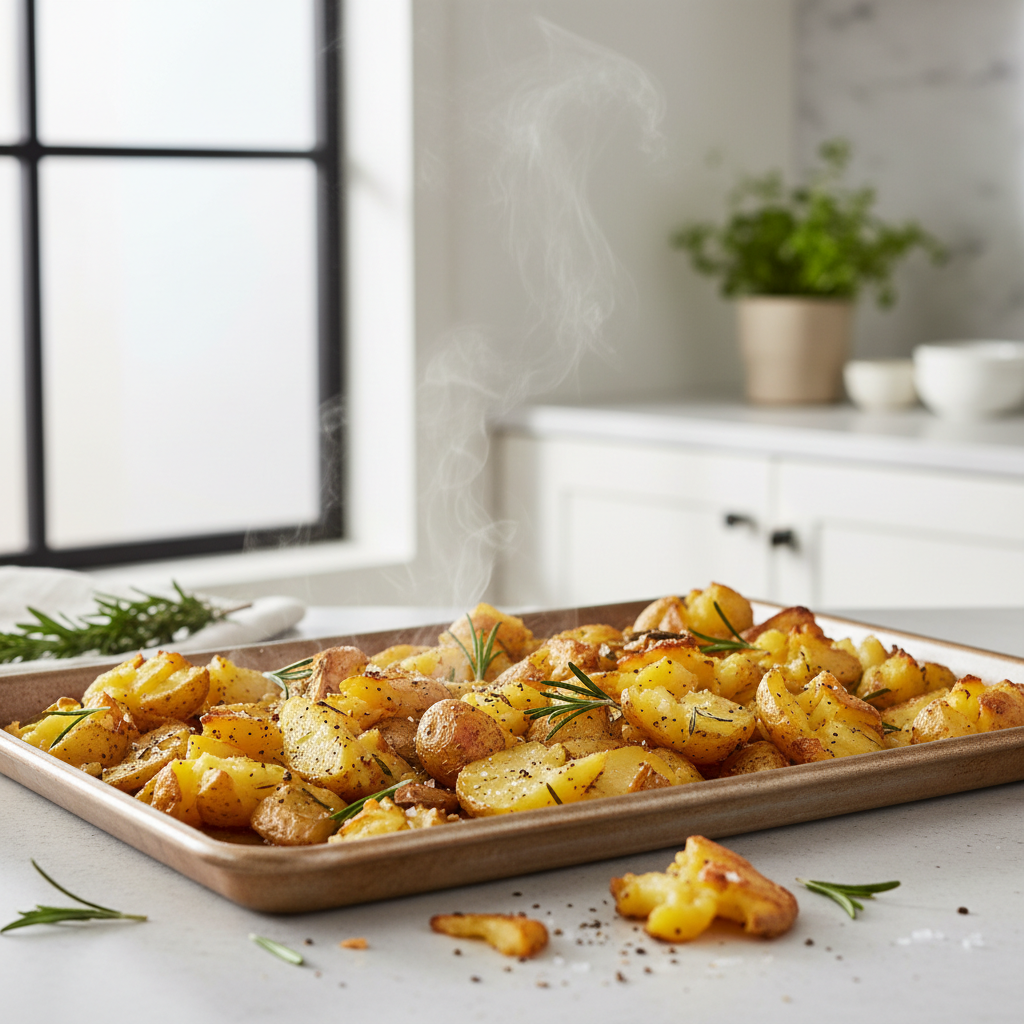 Crispy oven roasted potatoes on a sheet pan with golden edges