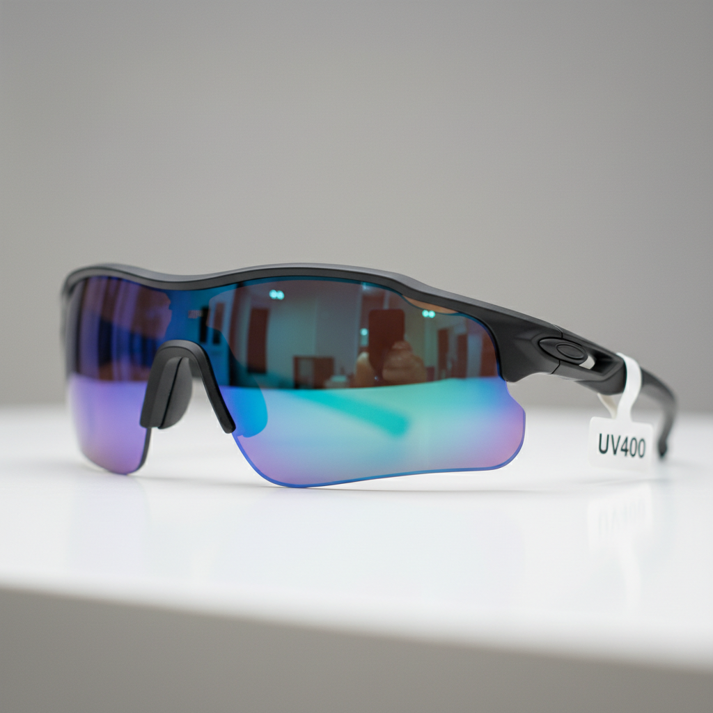 Close-up of cycling sunglasses lens showing UV400 and lens coating reflections