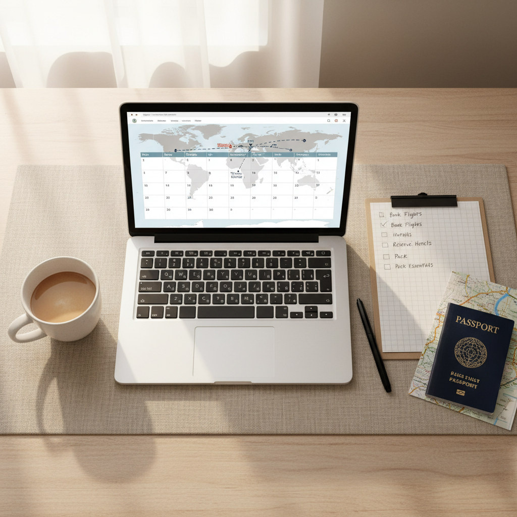 Simple travel planning desk with map, laptop, and checklist for 2026 underrated destinations
