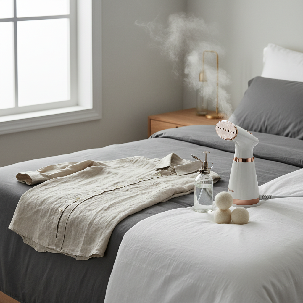 Wrinkled shirt on bed next to steamer, spray bottle, and dryer balls