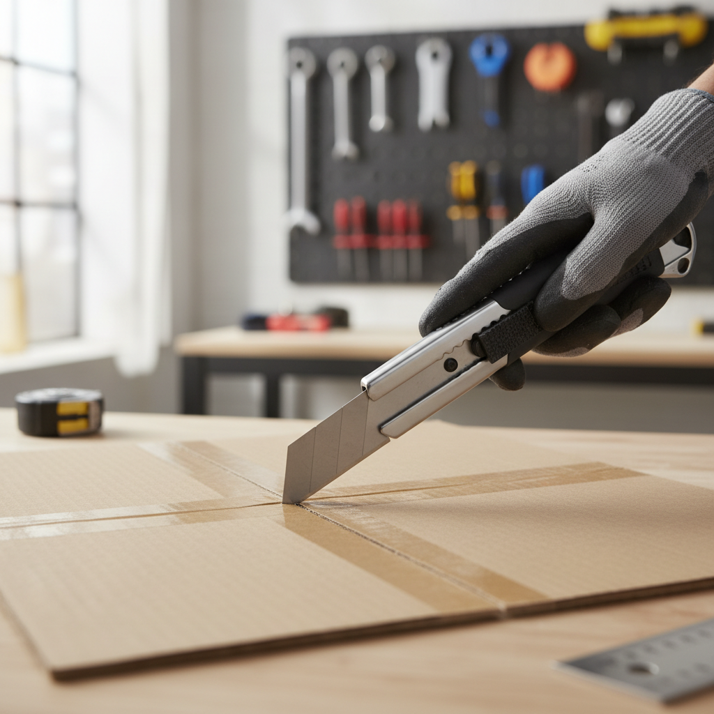 Utility knife cutting through corrugated cardboard with safe grip and controlled blade angle