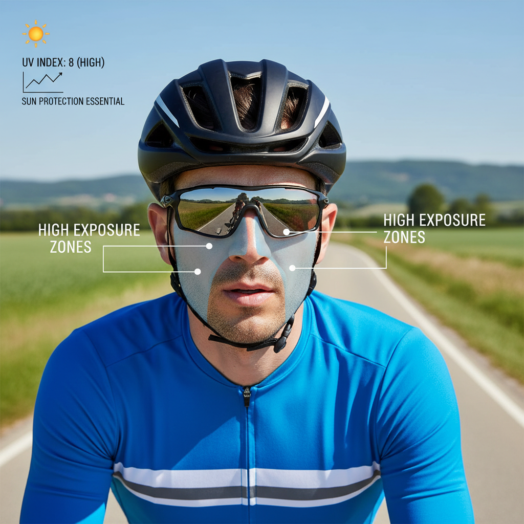 Cyclist with sunglasses showing common high-exposure areas on face