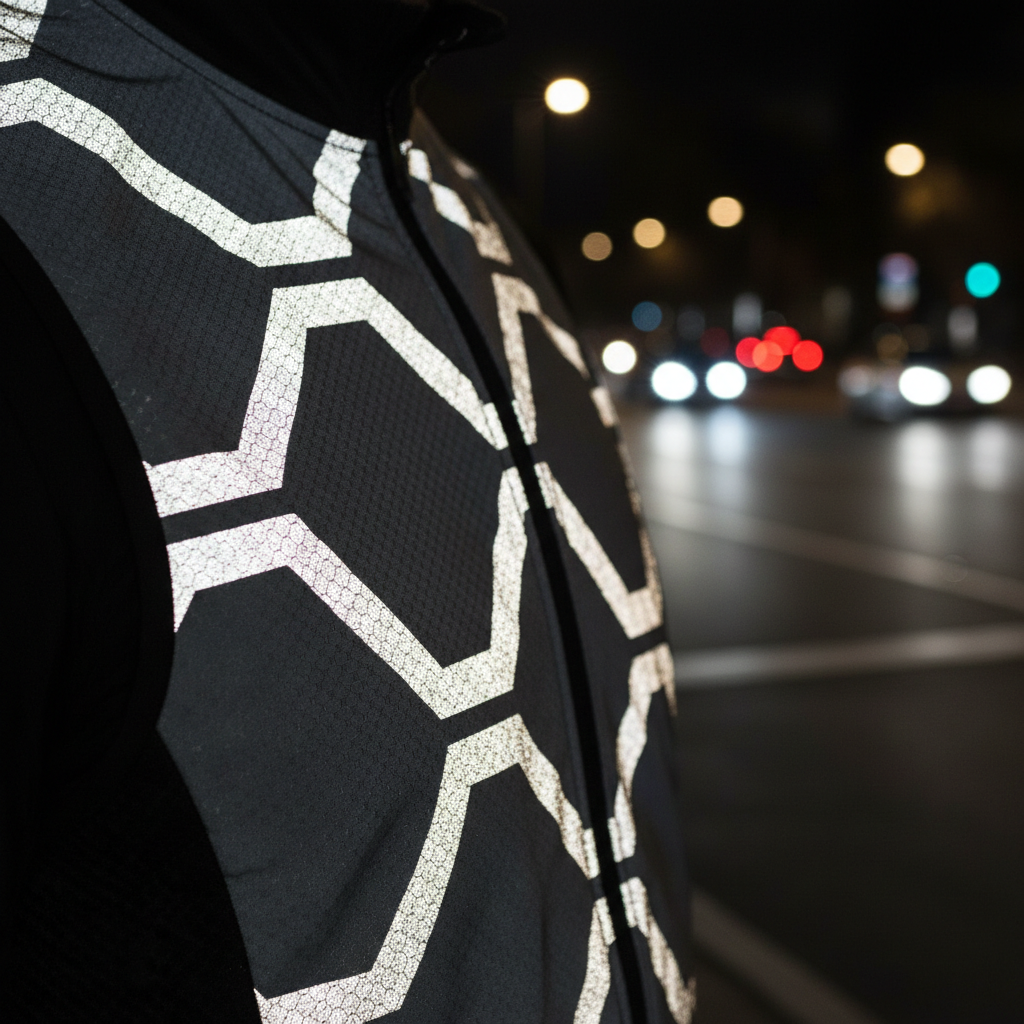 Close-up of reflective material on a cycling vest shining in car headlights