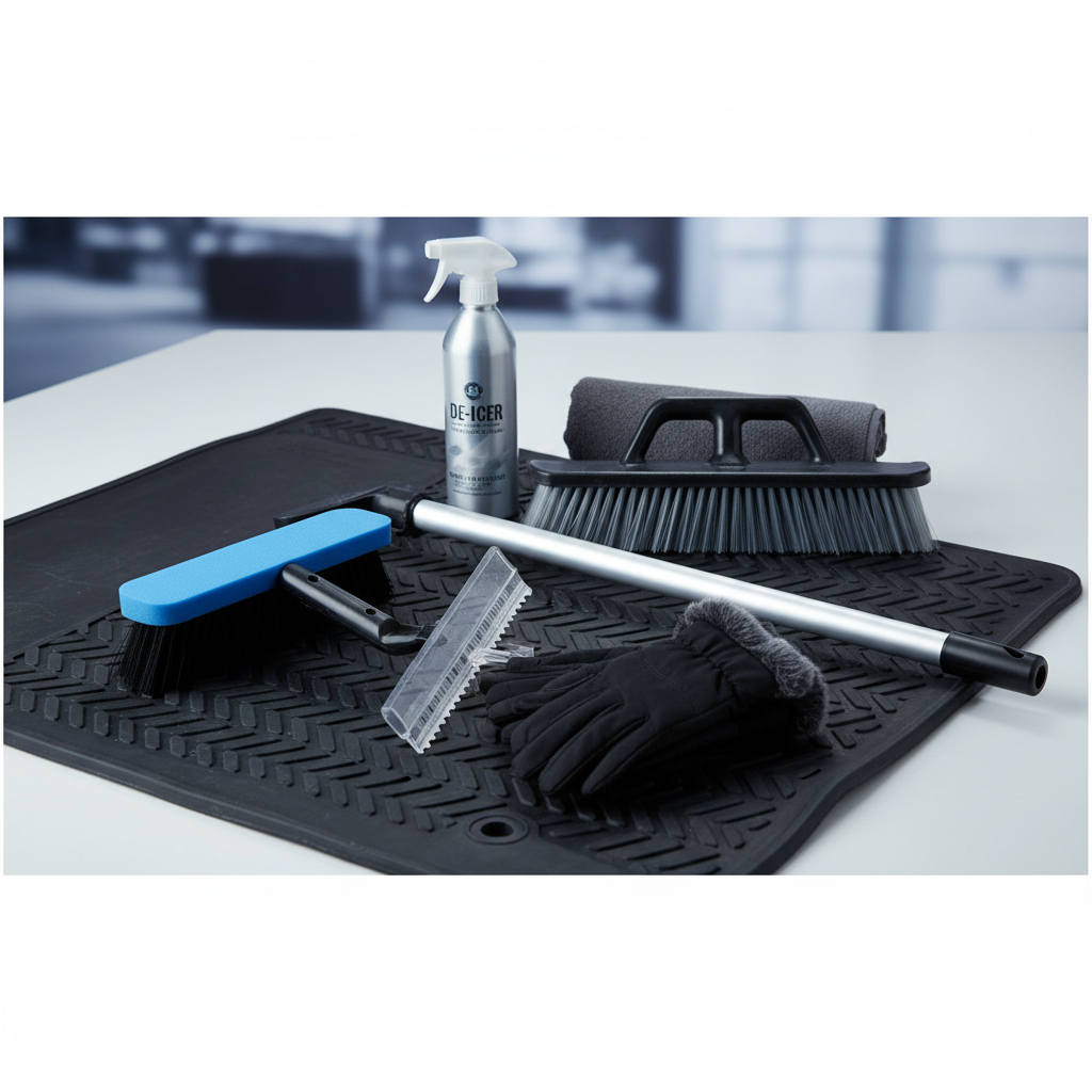 Winter car snow removal tools including snow brush ice scraper and de-icer spray laid out neatly