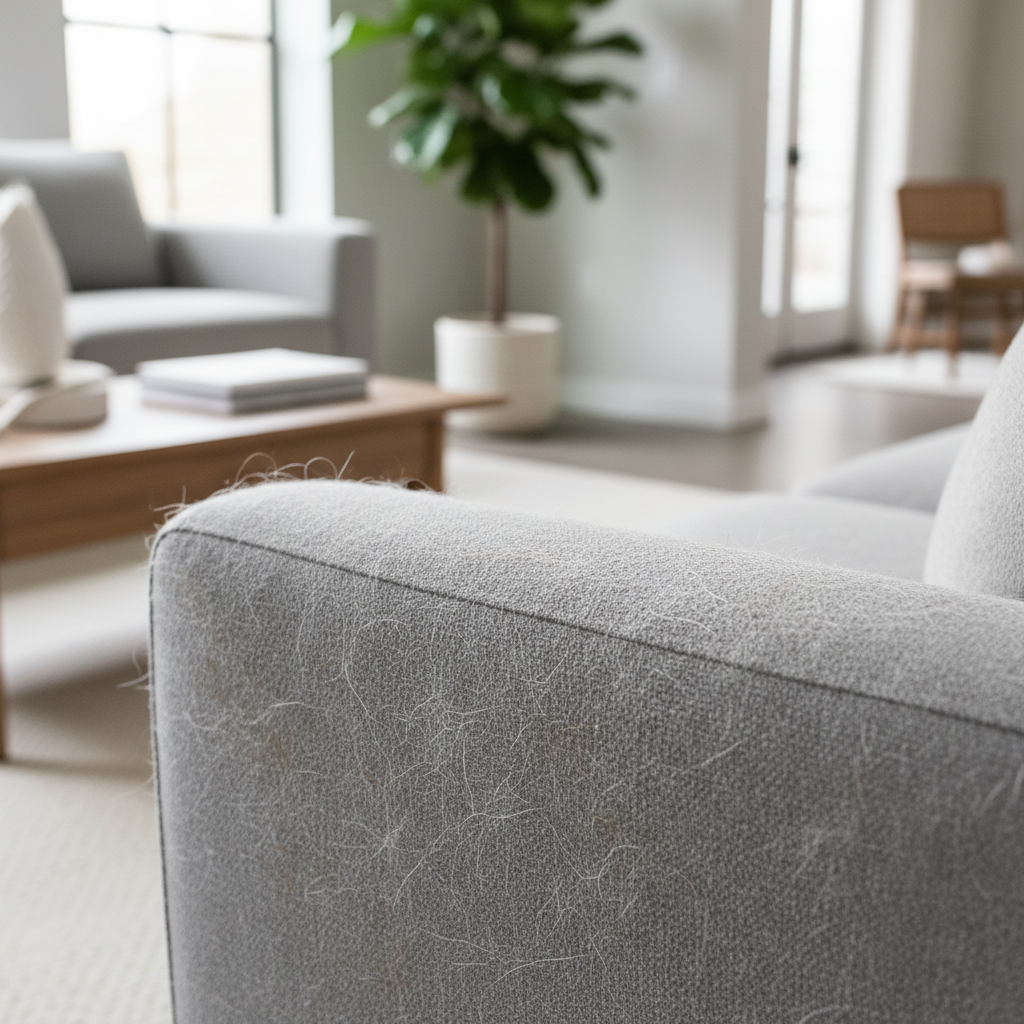 Pet hair stuck on a fabric couch cushion and armrest