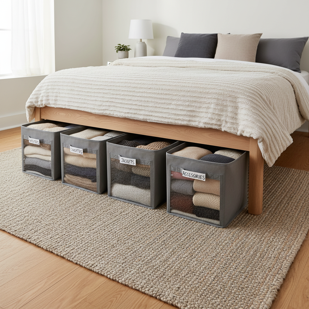Under-bed winter clothing storage bins labeled and organized in a small bedroom
