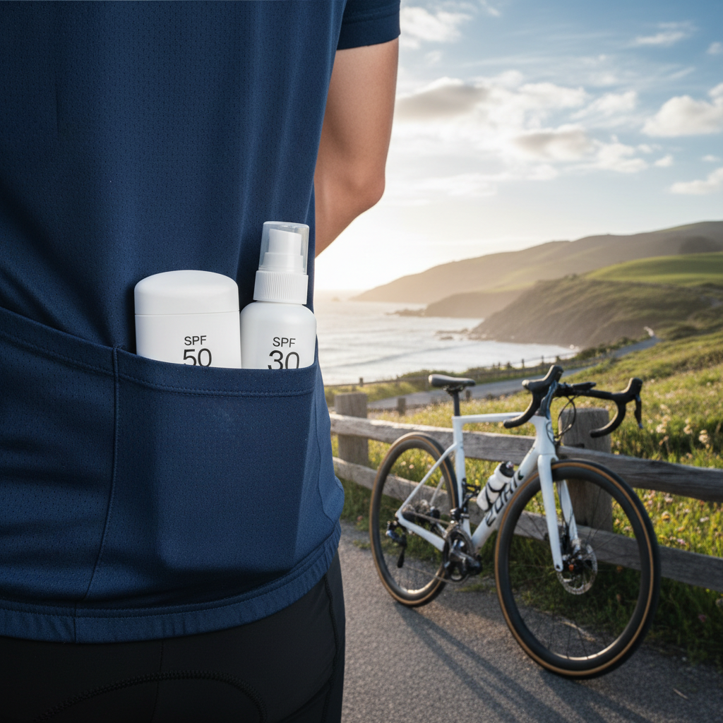 Sunscreen stick and small lotion bottle in a cycling jersey pocket