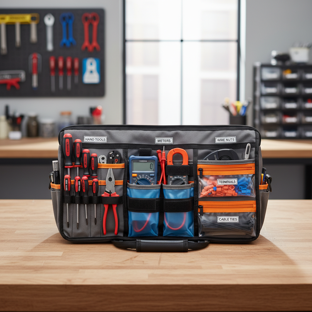 Organized electrician tool bag zones with labeled sections for hand tools and testers