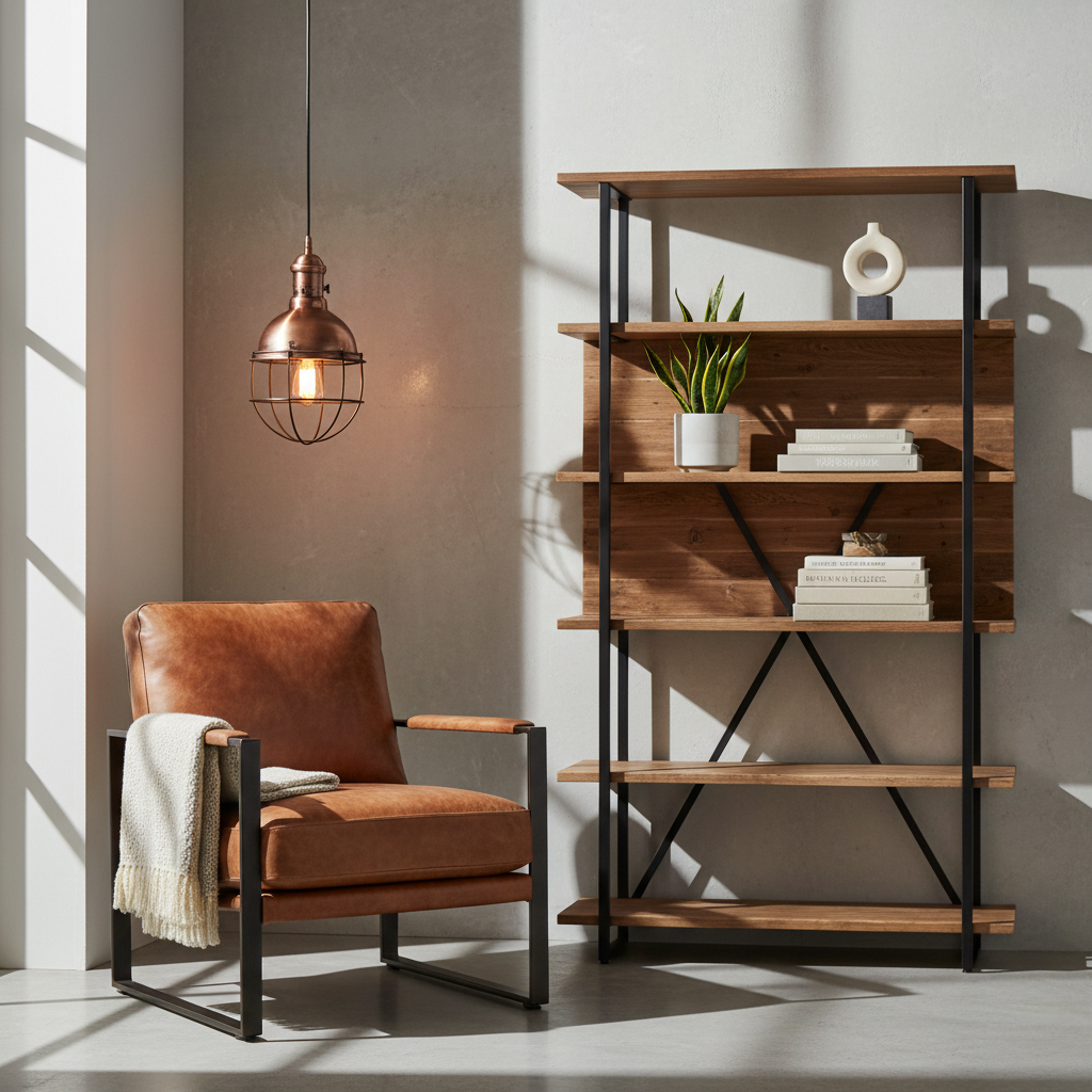 Industrial decor anchor pieces: black metal bookshelf, leather chair, and factory pendant light