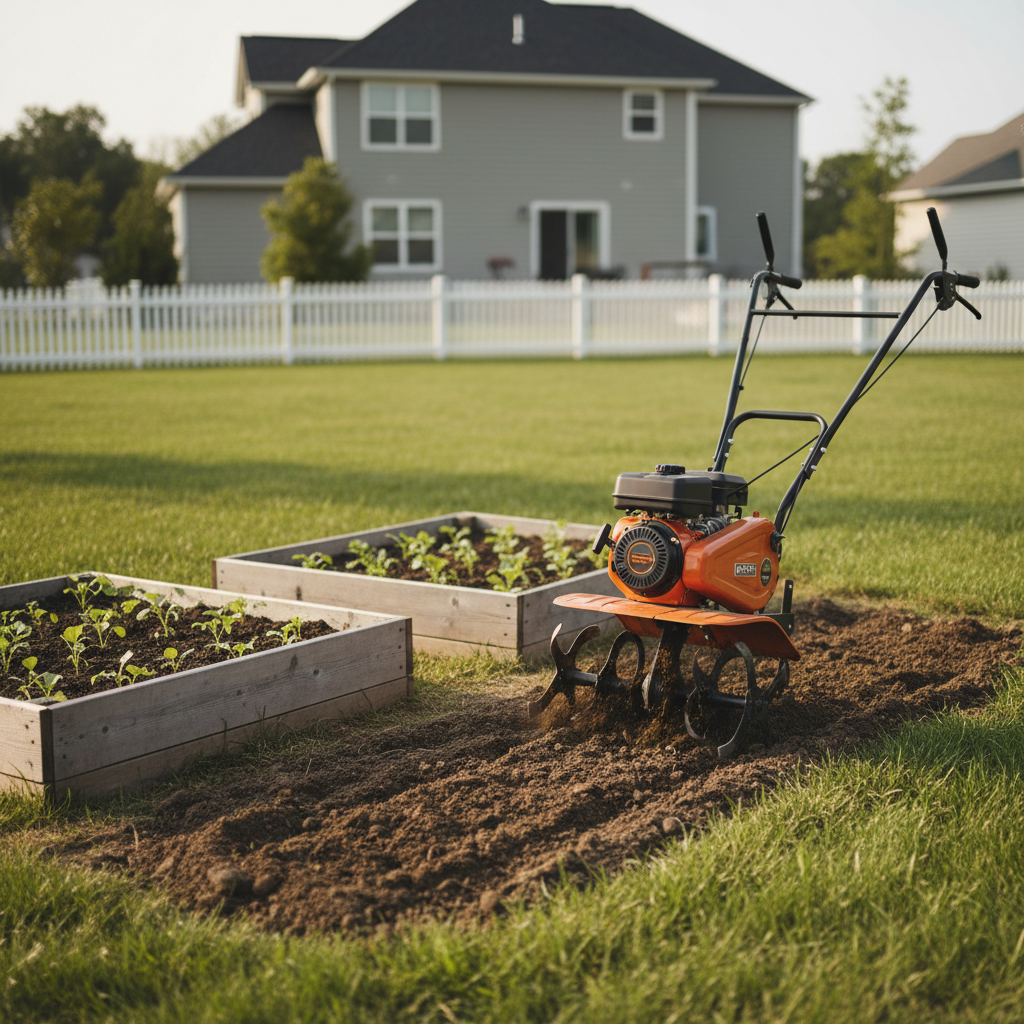 Compact tiller working in a small backyard vegetable garden bed