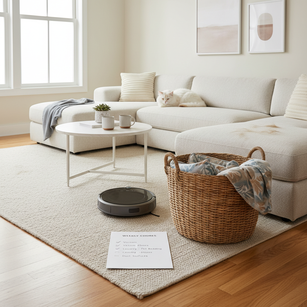 Living room flea control checklist with vacuum and washable pet bedding