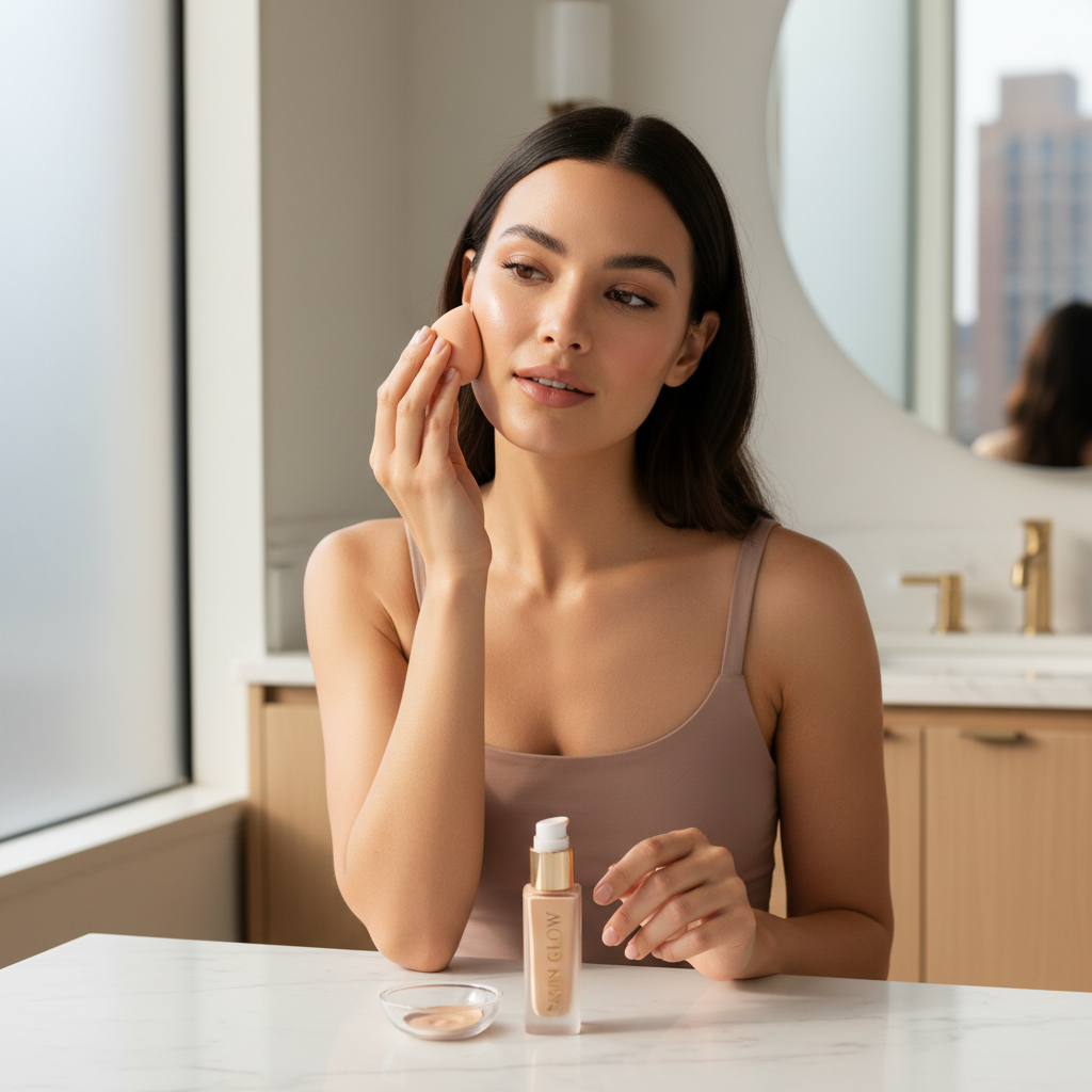 Applying foundation in thin layers with a damp sponge for a smooth finish