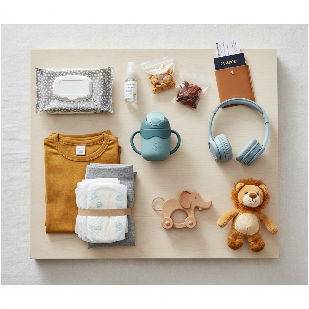 Toddler travel carry-on essentials laid out: snacks, wipes, change of clothes, headphones