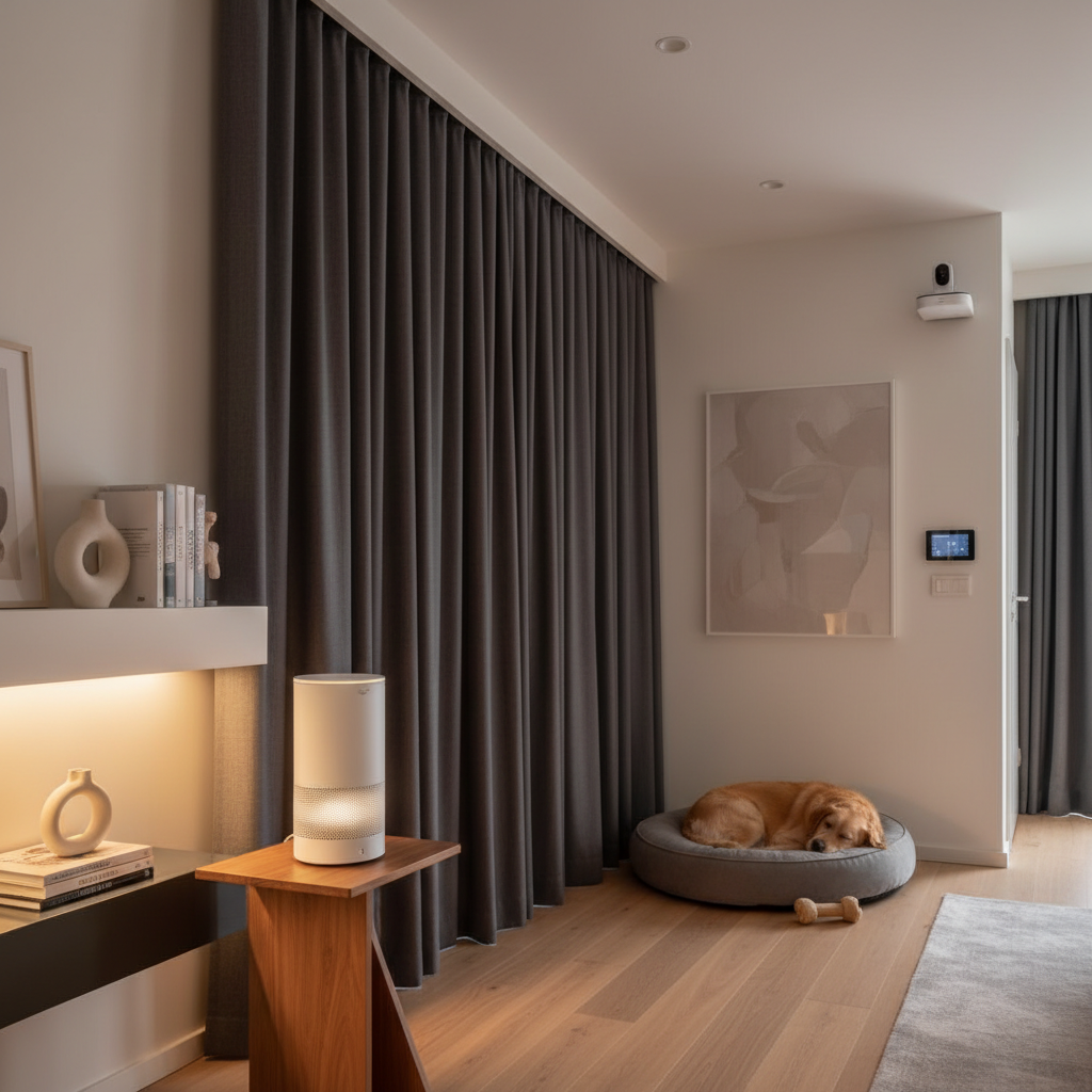 White noise machine and closed curtains helping a dog feel safe during fireworks