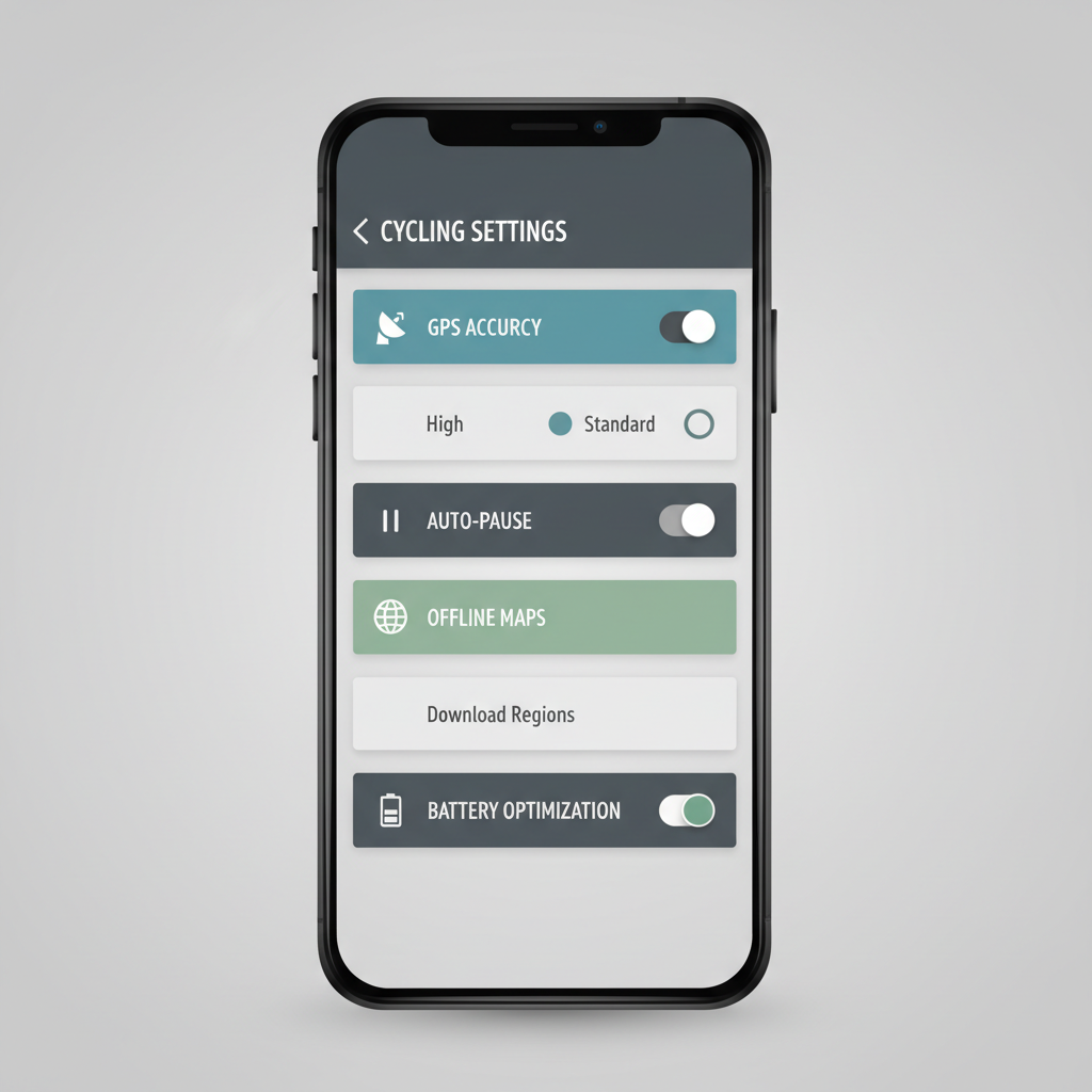 Cycling route tracking app settings screen for GPS accuracy and battery options