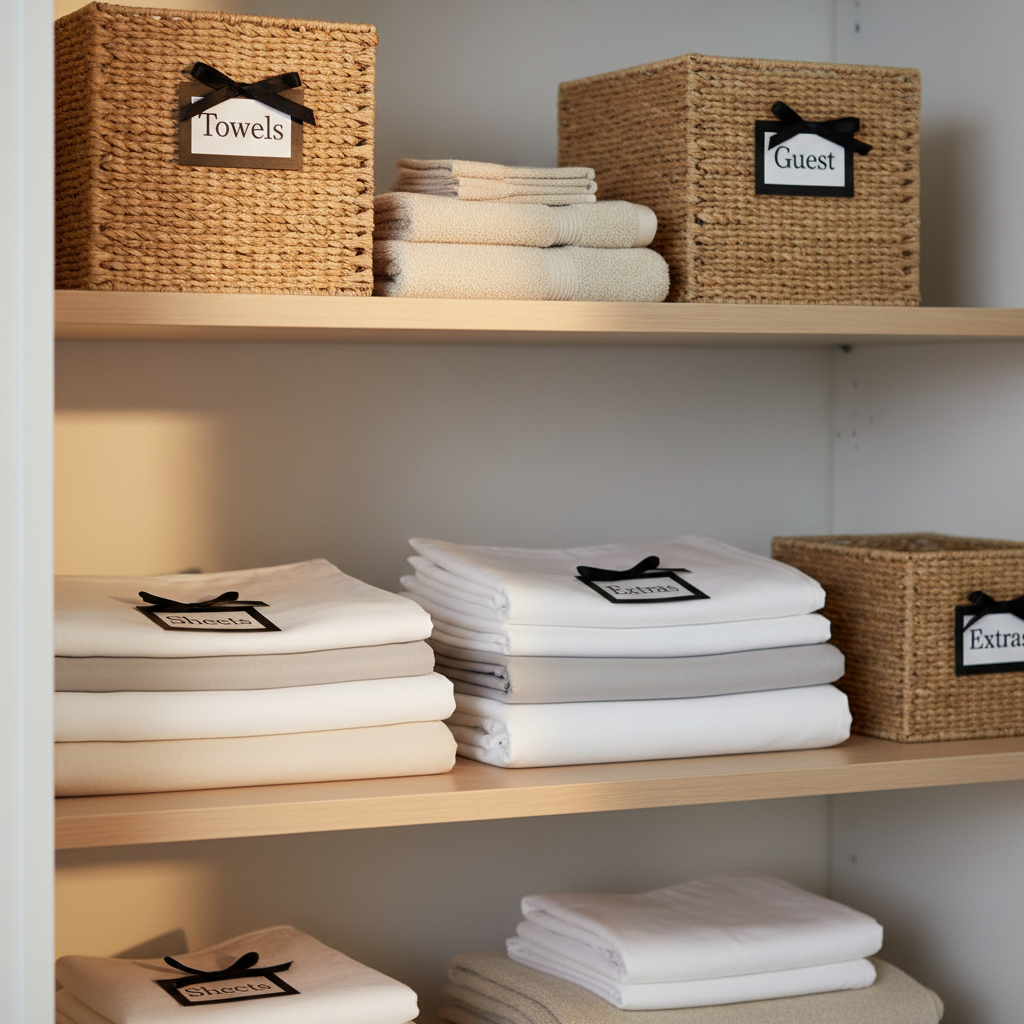 Linen closet shelf with simple labels for towels, sheets, and guest items