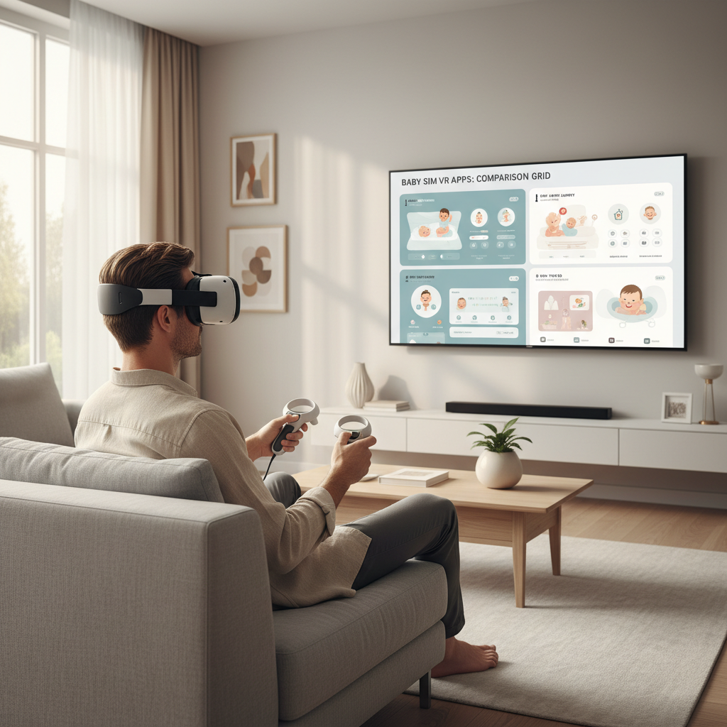 VR headset user comparing baby simulation apps on a living room TV