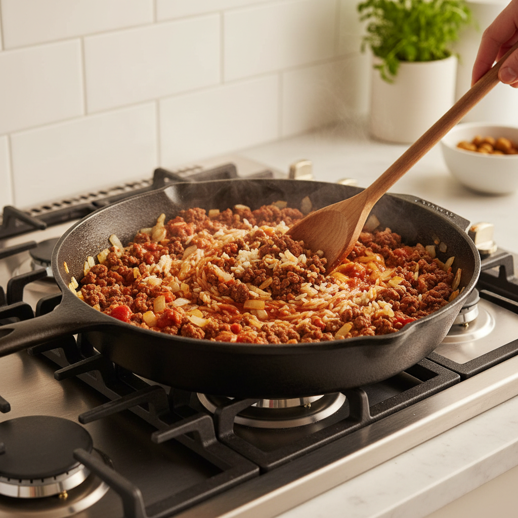 Skillet cooking filling for easy stuffed bell peppers with beef rice and tomato sauce