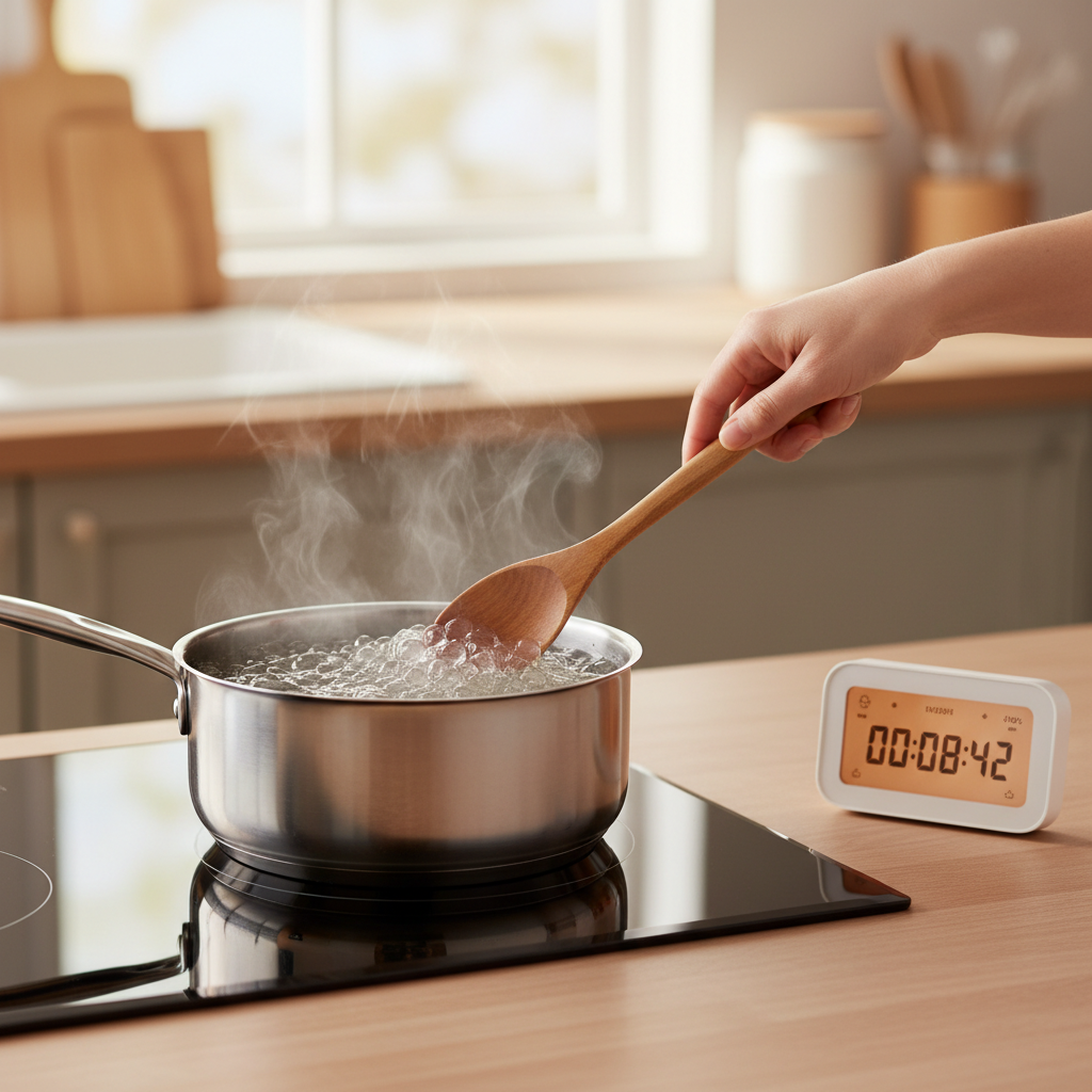 Cooking tapioca pearls for boba milk tea in a saucepan