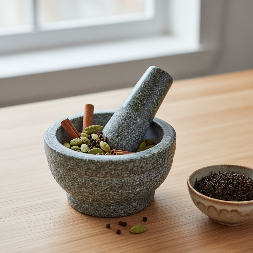 Whole chai spices crushed with mortar and pestle for masala chai