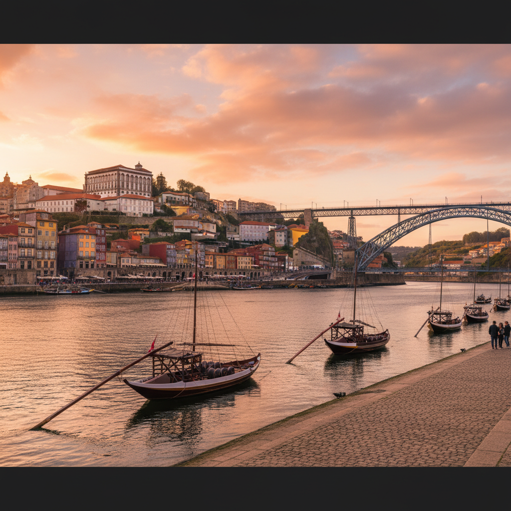 Porto riverside Ribeira district at sunset with Douro River
