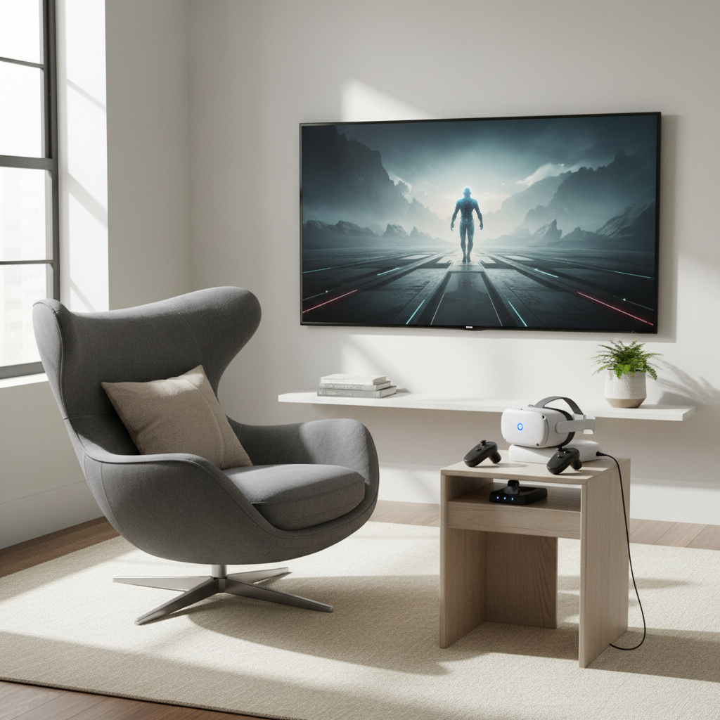 Seated VR gaming setup in a small living room with headset and controllers