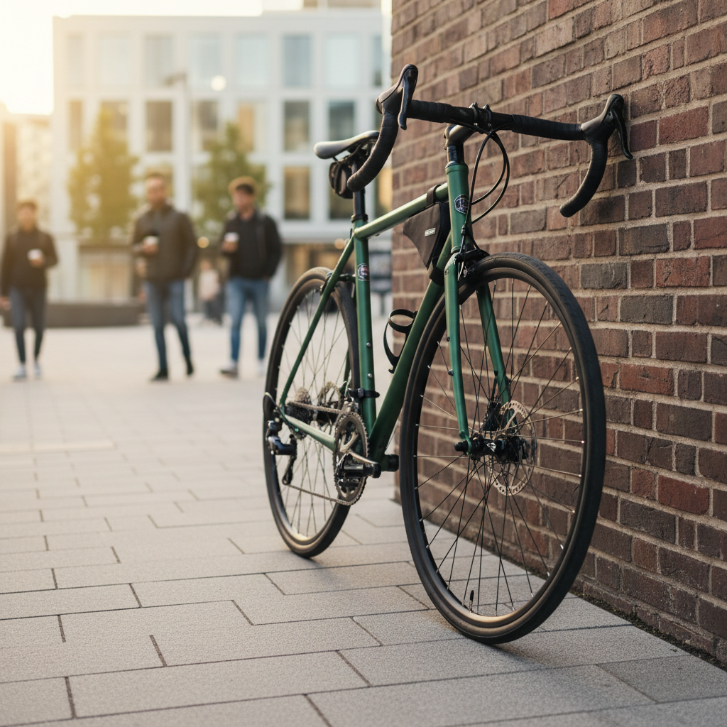 Road bike under $1000 parked on a city street, showcasing drop bars and disc brakes