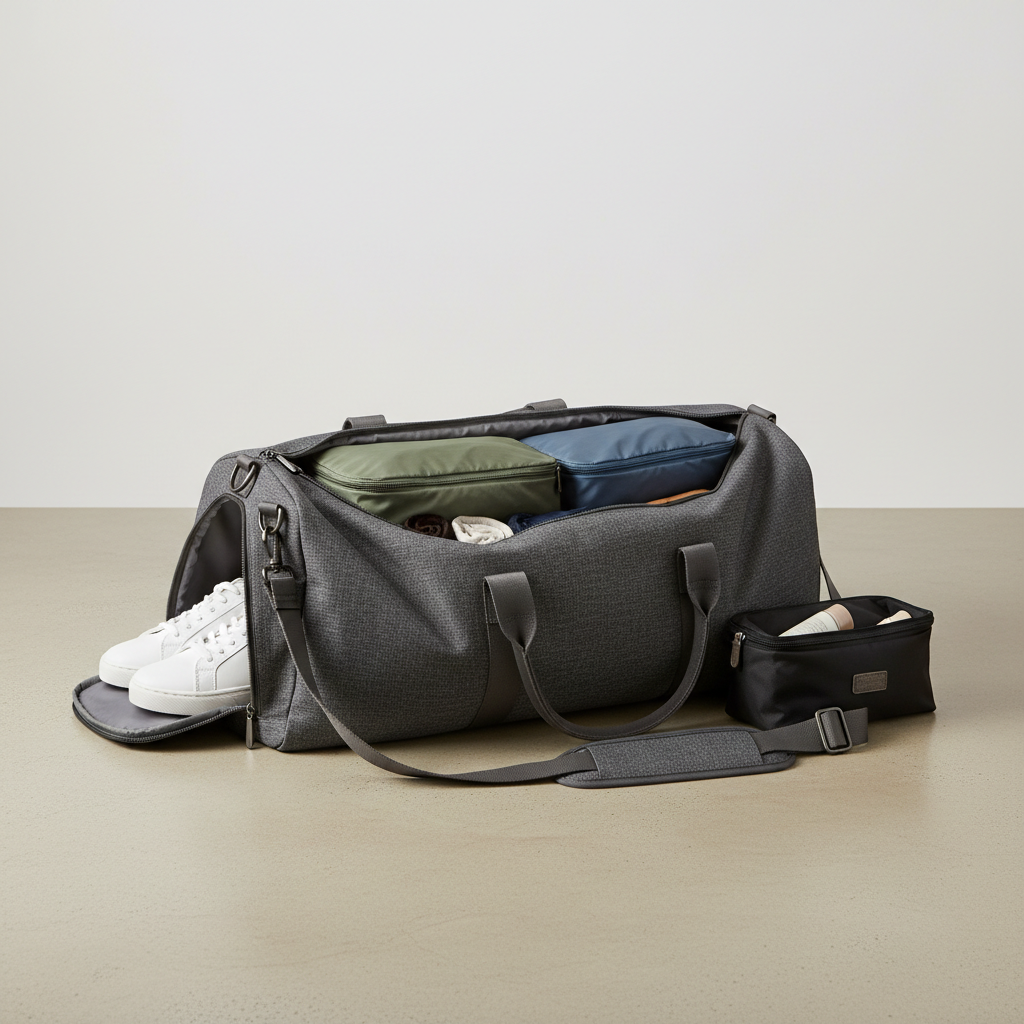 Organized weekend duffle bag with packing cubes and shoe compartment